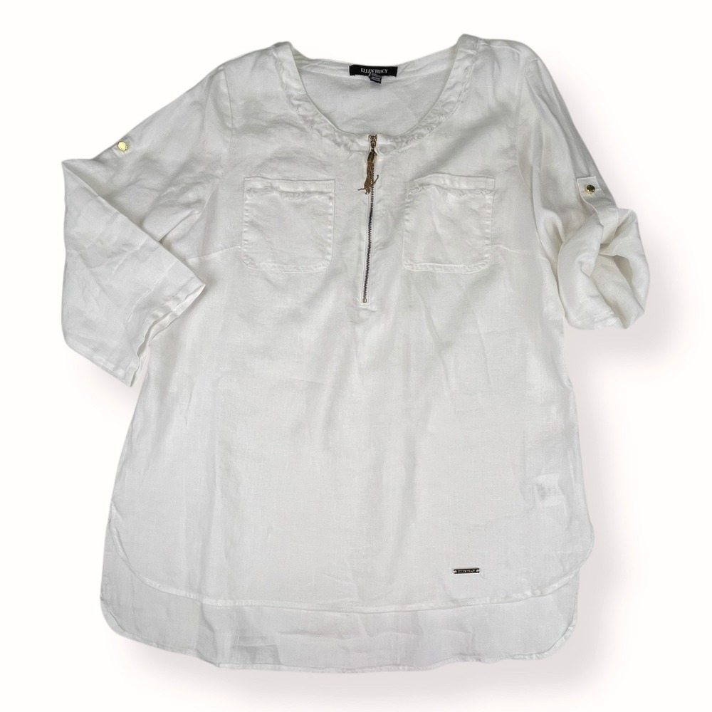 ELLEN TRACY Linen Tunic Top White Sz Large 1/4 Zip Roll Tab Gold Tassel Fringe